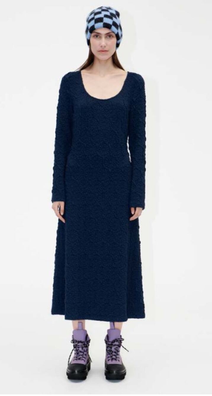 Stine Goya Orchid Midi Dress Women's Small Navy Blue Geo Daisy Long Sleeve NWOT